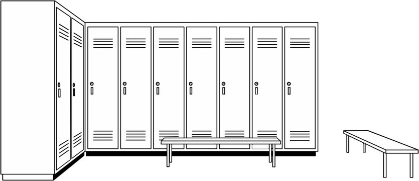 Locker room with multiple lockers and a wooden bench for seating  