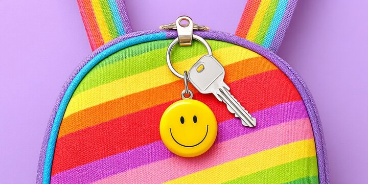 A yellow smiley face keychain on a colorful backpack