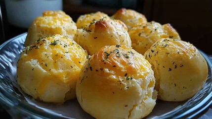 Cheddar and herb cheese rolls with cracked golden surface and airy texture inside, placed neatly on platter