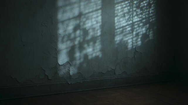 4K Seamless loop of window blinds and tree shadows on peeling wall, cold ambient lighting, suspenseful background for true crime visuals, thriller intros, abandoned interior scenes, cinematic design