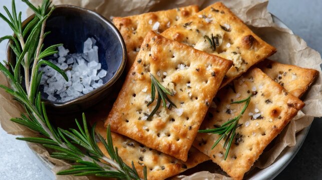 Herb-infused crackers with sea salt and rosemary garnish