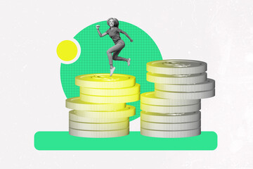 Creative composite sketch design artwork collage of young lady smile walk big size pile coins...