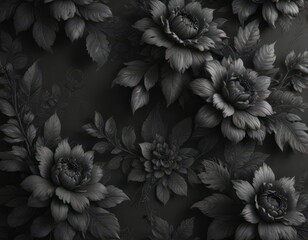 Intricate charcoal floral wallpaper, rich texture, luxurious feel, dark floral, dark, pattern