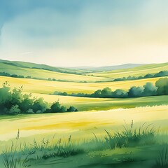 Obraz premium Watercolor painting of rolling hills and vibrant fields in a landscape