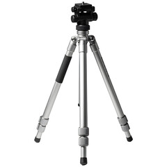 Silver Tripod with Adjustable Legs and Pan Tilt Head Standing on Black Backdrop Transparent Background