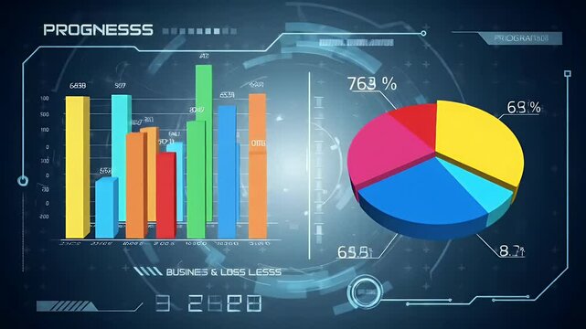 Digital technology bar charts and pie charts of infographics elements - business progress elements for profit and loss presentation HUD hi-tech style - Computer illustration