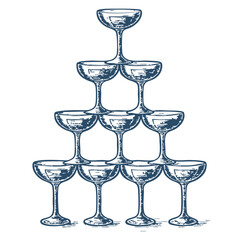 Champagne glass tower Hand drawn illustration- Vector, JEPG, PNG