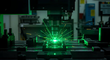 Close up of green laser cutting metal with sparks in industrial manufacturing process. Advanced welding technology.