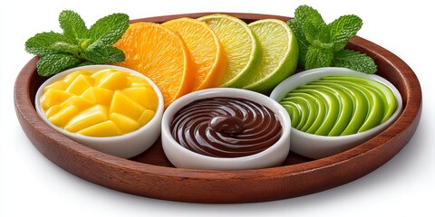 a stylized 3d dessert plate featuring sculpted cocoa designs with vibrant sauces and toppings
