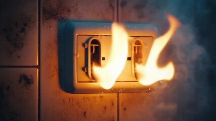 Electrical outlet on fire with flames and smoke, creating a dangerous situation indoors
