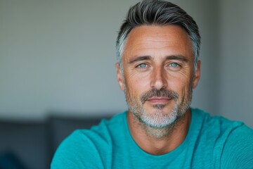 Obraz premium authentic portrait of 45 years old European man in turquoise color t-shirt at living room, lifestyle, family man