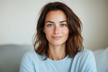 authentic portrait of 35 years old European woman in light blue t-shirt at home, lifestyle, women's health concept