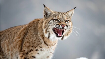 Obraz premium A fierce bobcat snarls, baring its sharp teeth and pink gums, with intense eyes fixed forward against a soft, snowy background