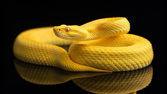 This close-up captures the intricate detail of a yellow viper, showcasing its textured scales and the intensity of its ruby-red eyes, poised and ready