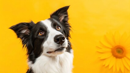 Fototapeta premium This adorable portrait of a Border Collie captures its soulful gaze and alert posture, standing out against a bright, clean yellow backdrop