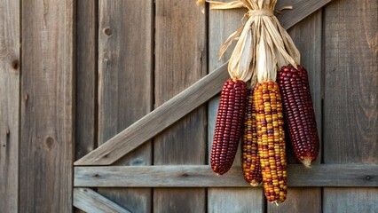 This close-up shot of a corn garland captures the intricate details and varied colors of decorative Indian corn, tied together with dried husks