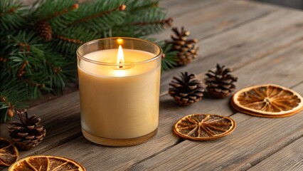 This elegant holiday still life showcases a glowing candle centerpiece amidst natural seasonal elements like evergreens, pinecones, and dried citrus