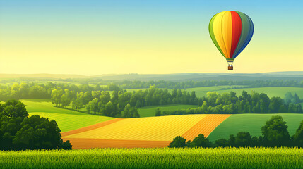 Fototapeta premium Serene sunrise over idyllic countryside with vibrant hot air balloon gently soaring above rolling hills and farmland.
