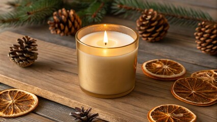 A warm and inviting scene featuring a lit candle in a glass holder, surrounded by festive Christmas decorations including green pine branches, rustic pinecones, and dried orange slices