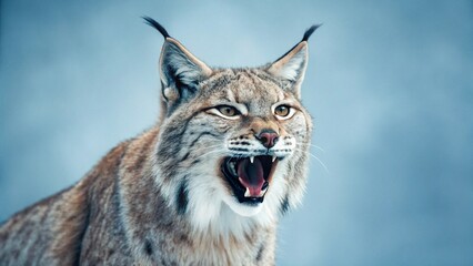 Obraz premium A fierce Eurasian lynx snarls intensely, showcasing its sharp teeth and powerful jaw, with characteristic ear tufts prominent