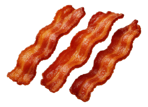 Three crispy, fried bacon strips arranged in parallel on transparent background.