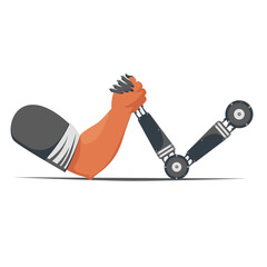 arm wrestling. fighting. the hand of a human and a robot. conceptual vector illustration
