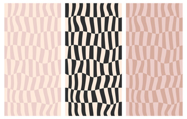 Groovy hippie 70s backgrounds. Checkerboard, chessboard, mesh, waves pattern. Twisted and distorted texture in trendy retro psychedelic Y2k style. Flat vector illustration 