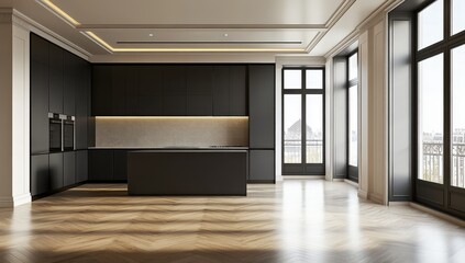 Obraz premium a large, empty room with dark grey cabinets and black windows, wooden floors, and white walls