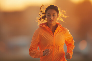 Energetic portrait of an Asian woman jogging in a city park during early morning light. Captures fitness, health, and motivation in an urban outdoor setting