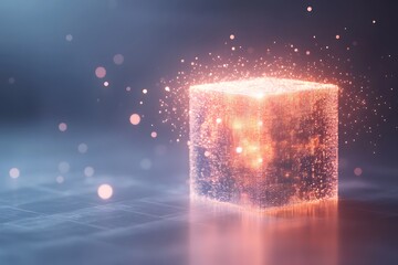 A glowing 3D grid slowly expanding outward, with floating data particles surrounding it, leaving space at the top for a message. 