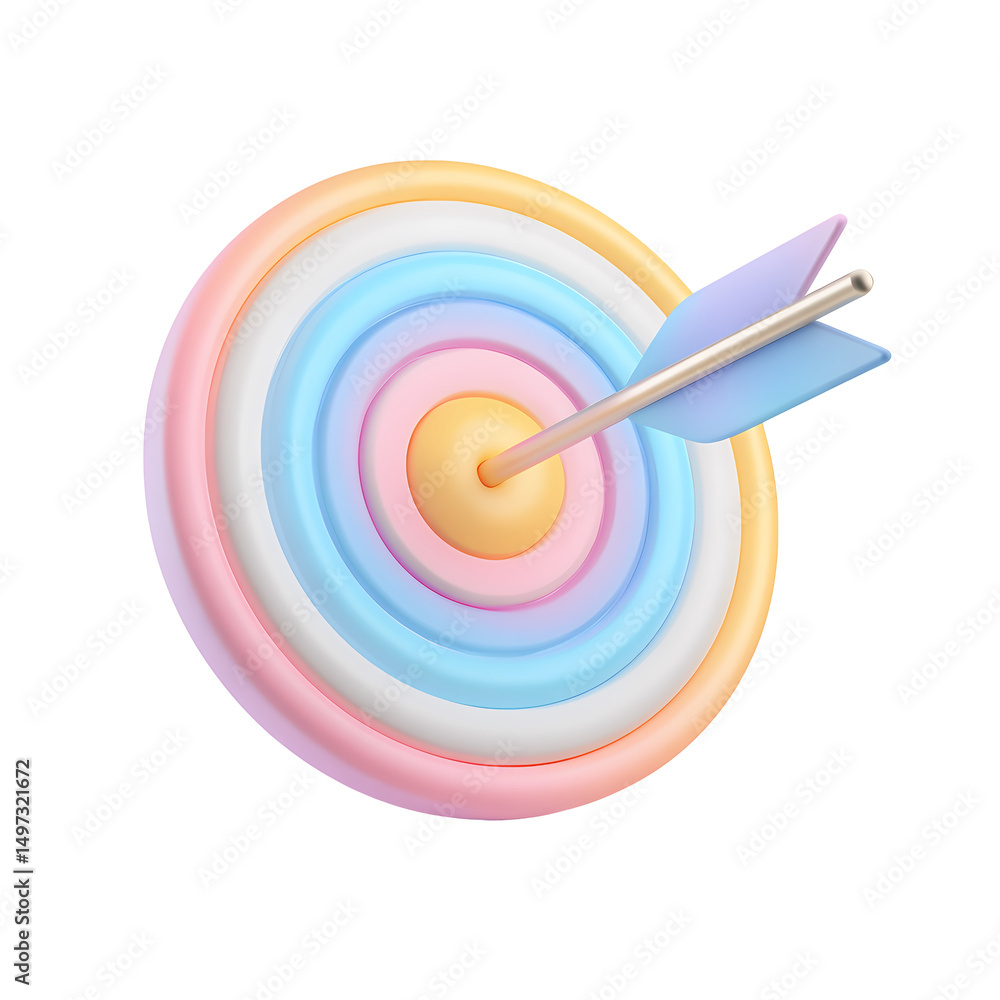 Poster pastel rainbow target with arrow 3d render on transparent background