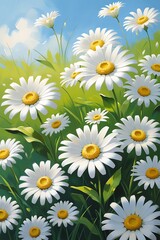 Fototapeta premium Field of white daisies in a green meadow under a blue sky