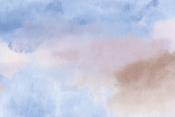 Soft pastel watercolor abstract background with sky blue, dusty rose, and warm beige tones — smooth texture with blended clouds, subtle brushwork, and a calm, airy atmosphere.