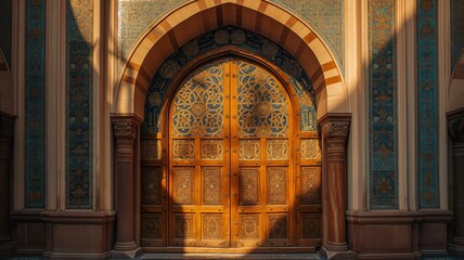 Fototapeta premium Islamic architecture features ornate wooden doors in a historic setting under warm sunlight