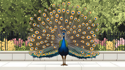 Obraz premium Majestic peacock displaying its vibrant plumage in a tranquil garden setting. A stunning illustration of nature's beauty.