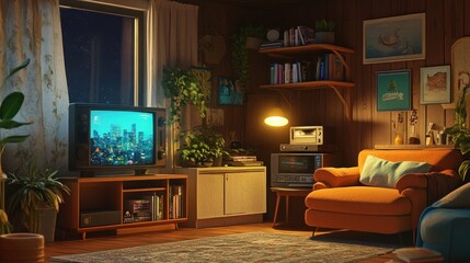 Retro Living Room Night Scene: 80s Nostalgia