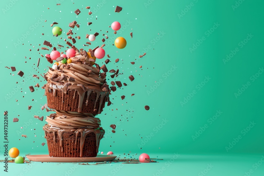 Poster floating cupcakes with colorful sprinkles and chocolate shavings evoke a hyperpop aesthetic, perfect