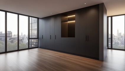 Obraz premium a large, empty room with dark grey cabinets and black windows