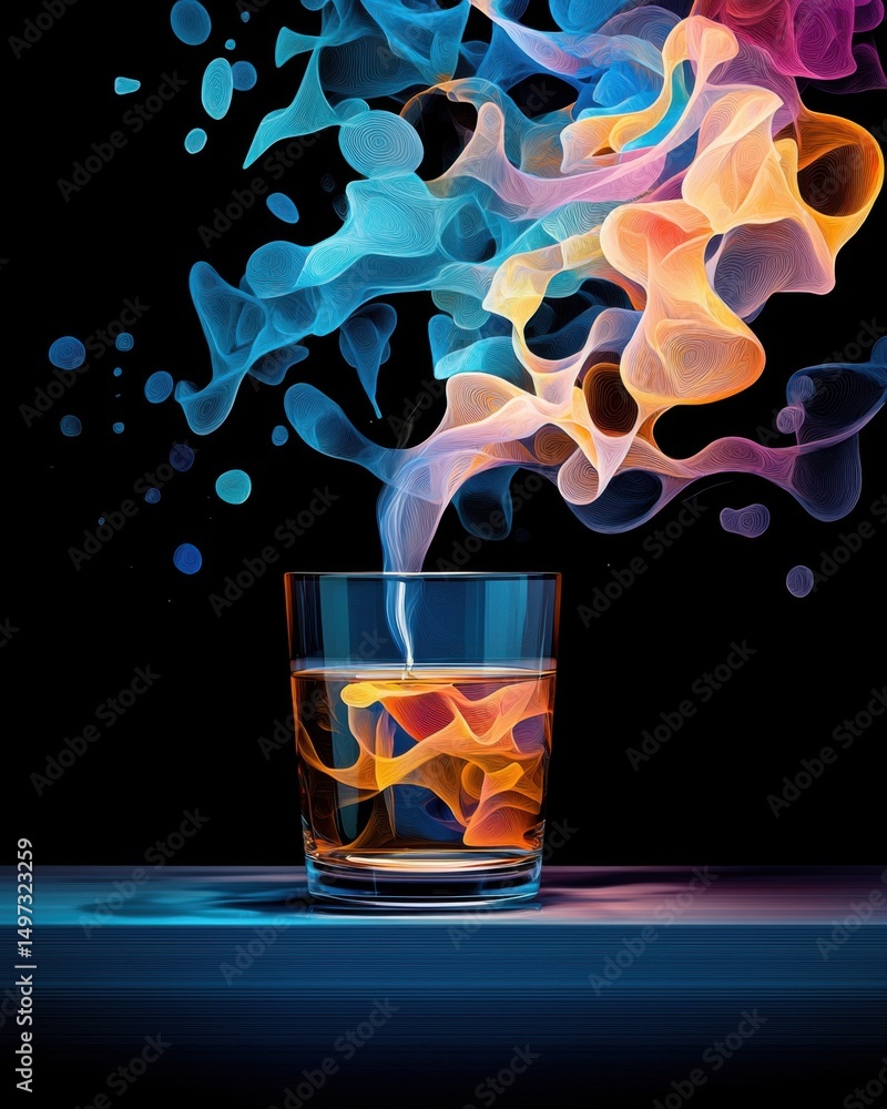 Poster a vibrant leeyongjay pointillist artwork featu colorful smoke emanating from a glass, perfect for a 