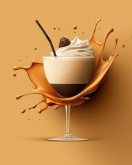 A visually stunning dessert cocktail illustration, perfect for a website header with a creamy topping, vibrant splash, and elegant glass against a neutral backdrop.