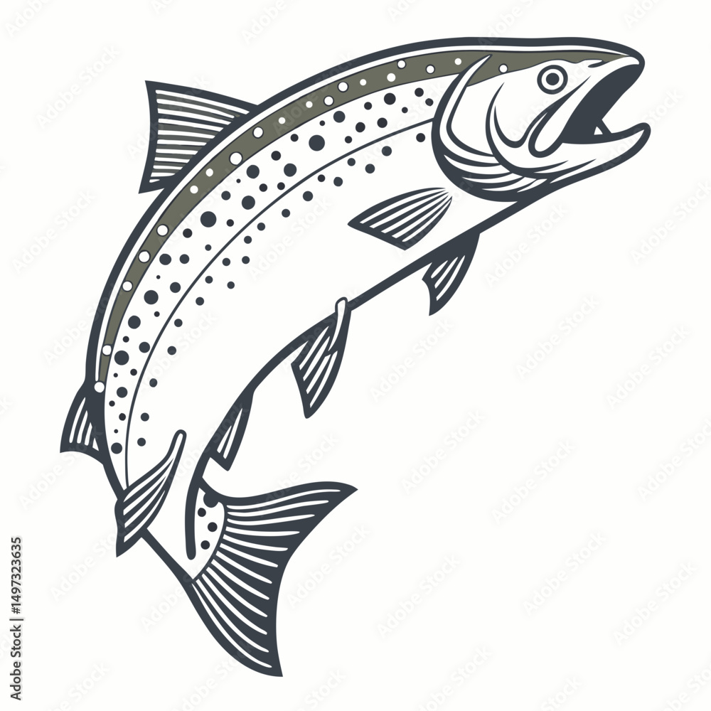 Poster vector illustration of a jumping salmon showing dynamic movement in a modern flat design suitable fo