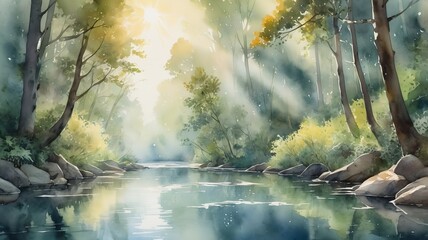 A watercolor of tranquil river flowing through a dense forest, with sunlight filtering through the reflecting off the water.