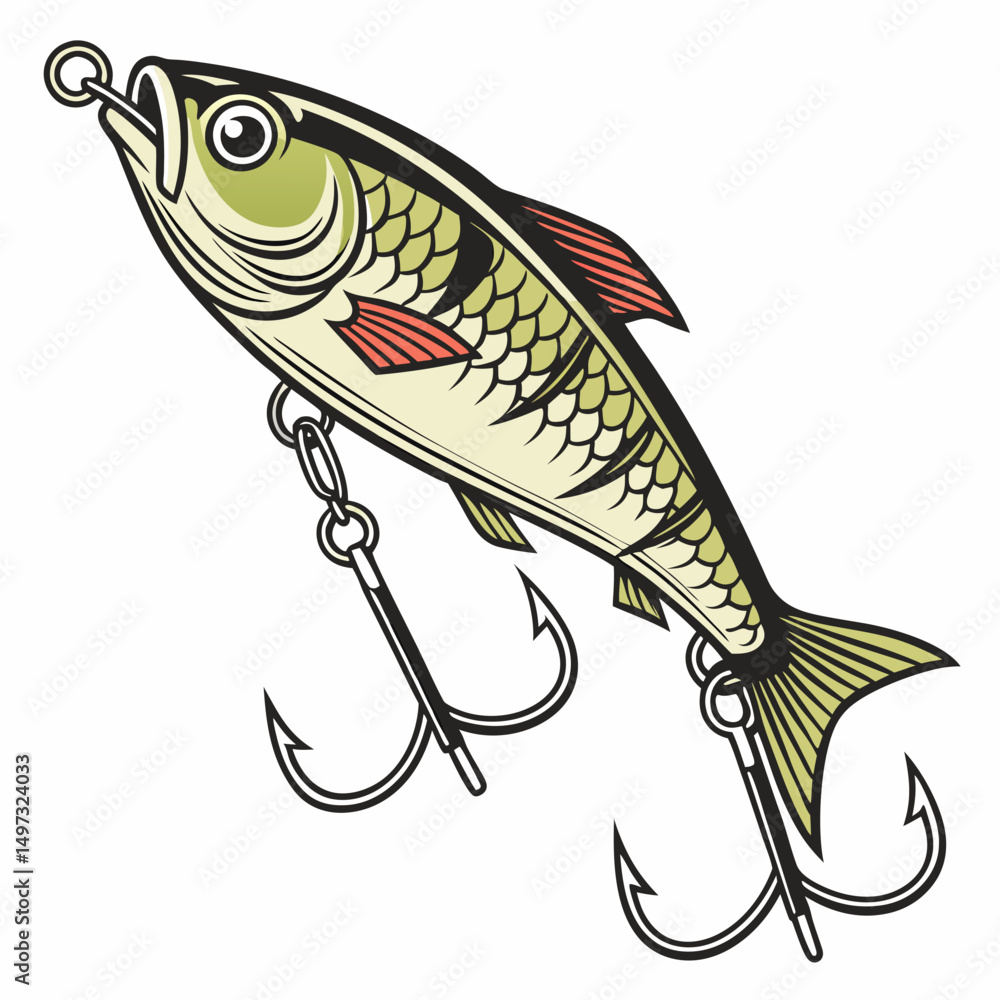 Poster artistic illustration of a fishing lure featuring a fish shape with detailed scales and sharp hooks 