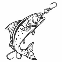 Fototapeta premium Artistic illustration of a fish caught on a fishing hook depicted in black and white outline suitable for fishing related concepts