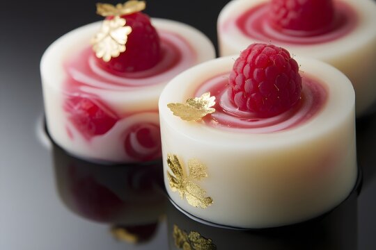 Close-up of a swirling white chocolate and raspberry mousse, garnished with gold leaf and placed on a reflective black surface. 