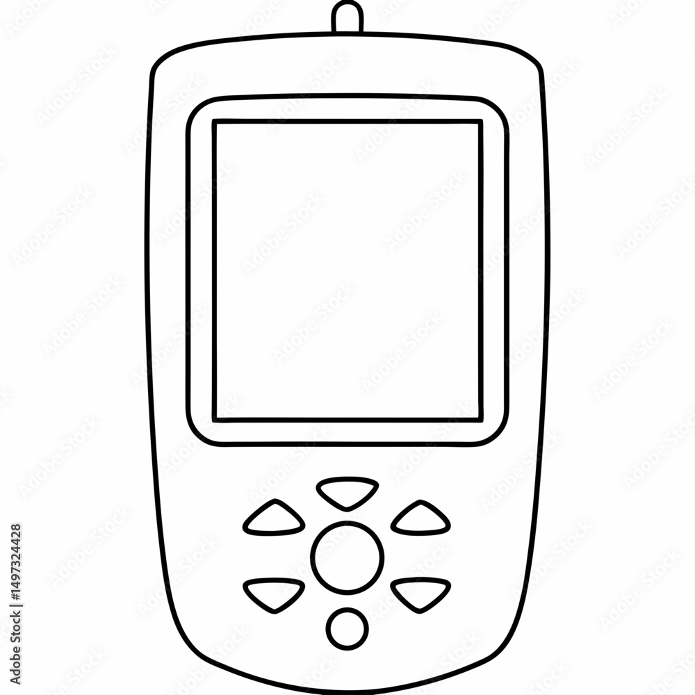 Poster clean outline drawing of a handheld device with a screen and control buttons perfect for ui/ux desig
