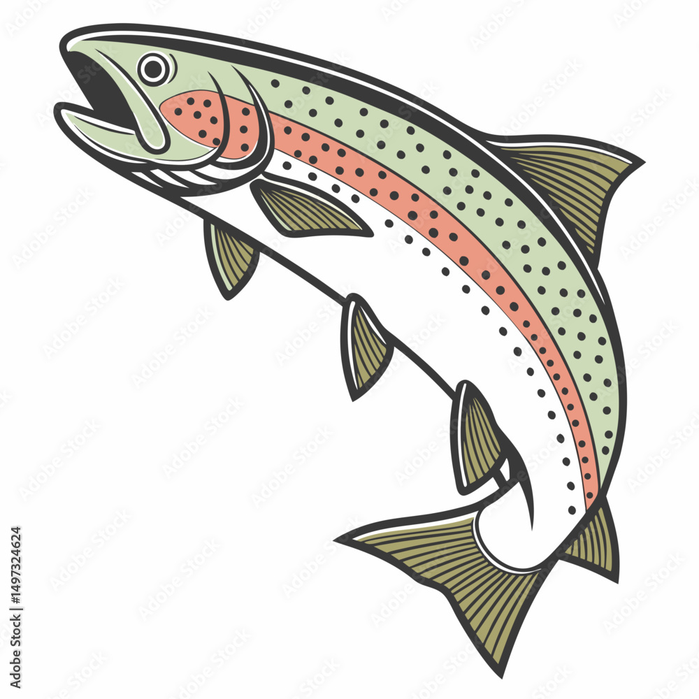 Poster colorful illustrated rainbow trout jumping design with transparent background for versatile design a