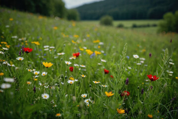 A vibrant field filled with various types of wildflowers