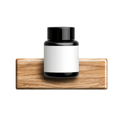 A black bottle on a wooden surface.
