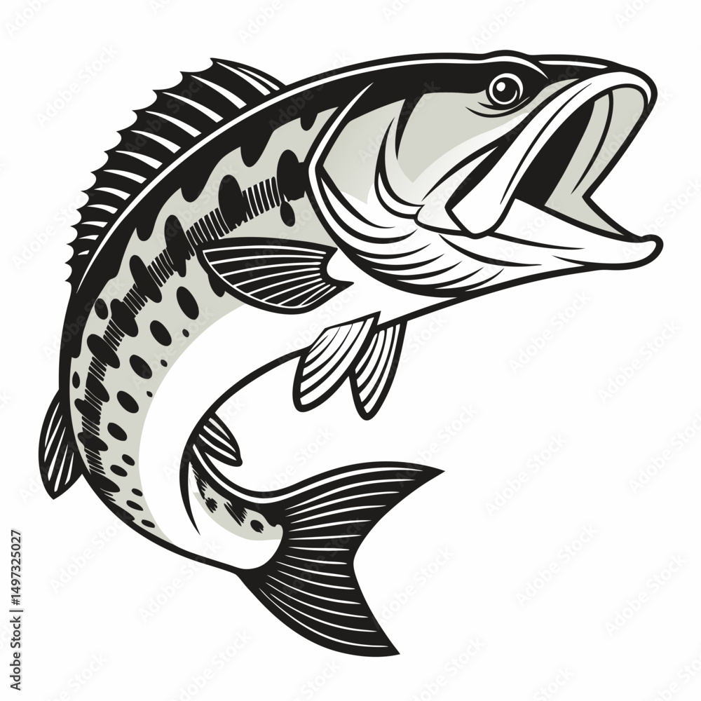 Poster dynamic vector illustration of a jumping largemouth bass fish with transparent background suitable f